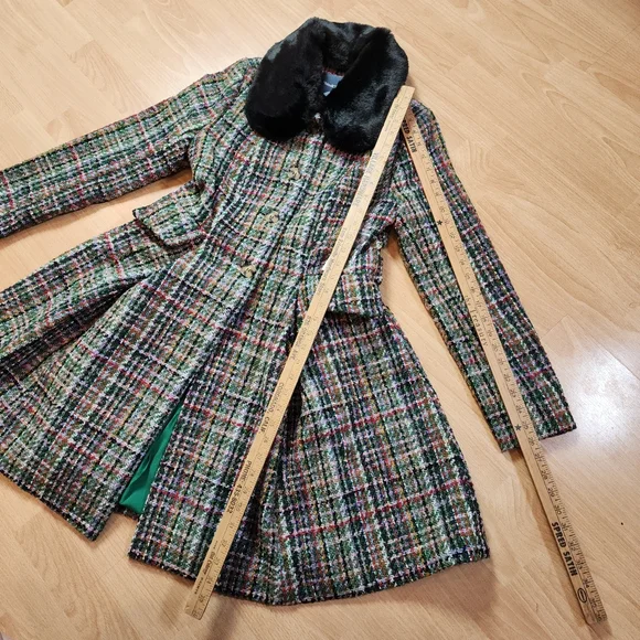 NWT Modcloth Multi Colored Tweed Flare Coat Removable Faux Fur Collar Small - Picture 15 of 16